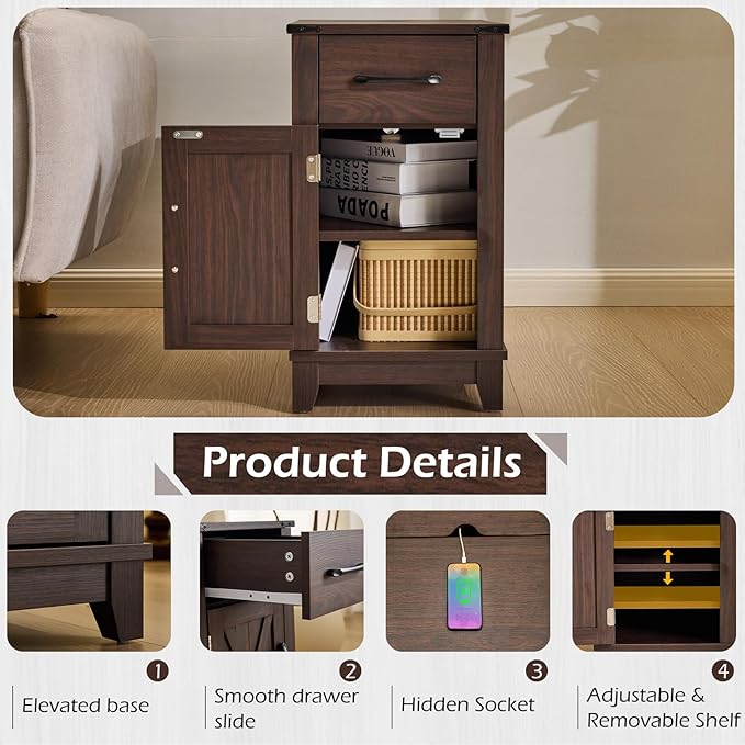 EROMMY Farmhouse End Table with Charging Station, Narrow Side Table for Living Room, Nightstand with Drawer and Storage Cabinet, Adjustable Shelf, Choco