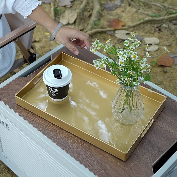 Zosenley Decorative Tray, Rectangular Plastic Tray with Handles, Modern Vanity Tray and Serving Tray for Bathroom, Kitchen, Ottoman and Coffee Table, 15.6" x 10.2"(Gold)