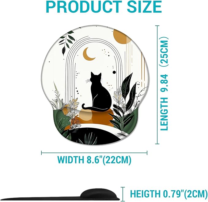 Ergonomic Mouse Pad Wrist Support, Black Cat Boho Gel Mouse Pads with Wrist Rest, Cute Comfortable Pain Relief Mousepad with Non-Slip PU Base for Gaming Work Desk Accessories Office Decor