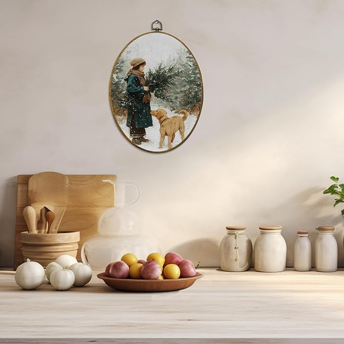 CUANFDDSF Rustic Winter Christmas Scene Oval Wall Art Decor, Winter Forest Girl and Lab Dog Wall Hanging Decor, Cozy Christmas Holiday Framed Canvas Prints for Home Bedroom Living Room, 8.6x11.4 Inch