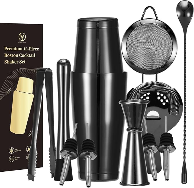YXT & BEYOND Black Cocktail Shaker Set - 12-Piece Stainless Steel 30oz+20oz Bartender Kit Bar Tools Set: Boston Shaker, Jigger, Mixer Spoon, Muddler, Martini Barware Mixing Tools | Housewarming Gift