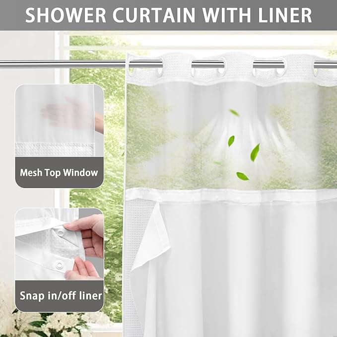 YellyHommy No Hook Shower Curtain with Snap in Fabric Liner Set Less Time White Waffle Shower Curtain for Bathroom 75" L x 72" W
