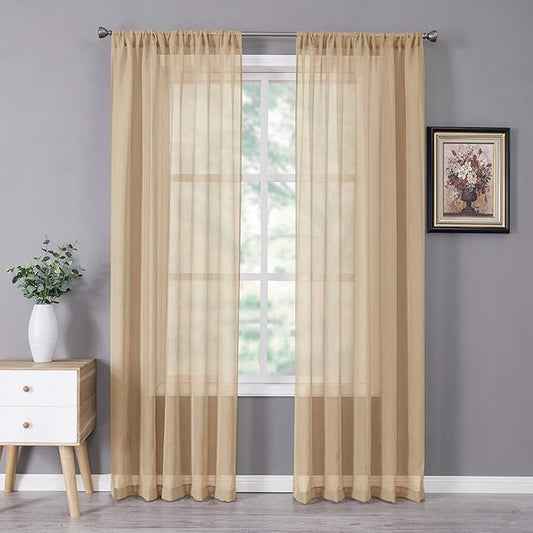 Tollpiz Sheer Curtain Linen Textured Living Room Curtains Sheer Light Filtering Rod Pocket Voile Curtain for Bedroom, 54 x 72 inches Long, Beige, Set of 2 Panels