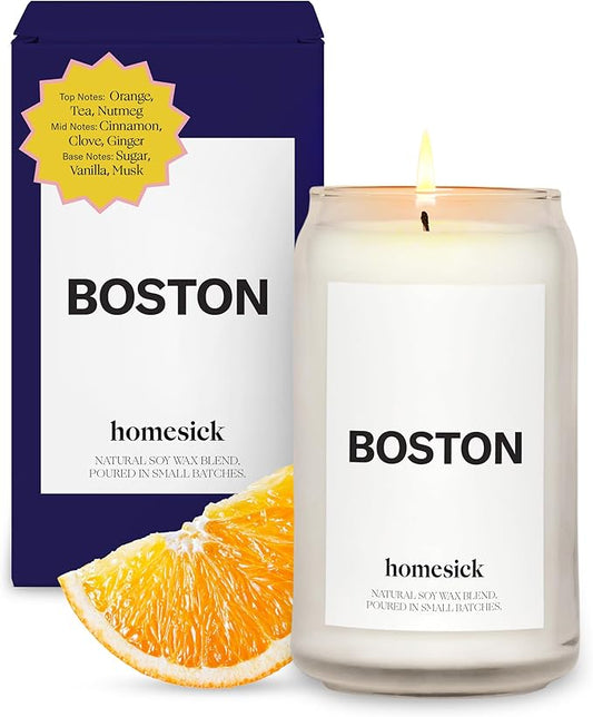 Homesick Scented Candles for Home (Boston) - 13.75 oz Long-Lasting Soy Wax Jar Candle for Women & Men for All Occasions, 60-80 Hours Burn Time - Notes of Orange, Tea & Nutmeg