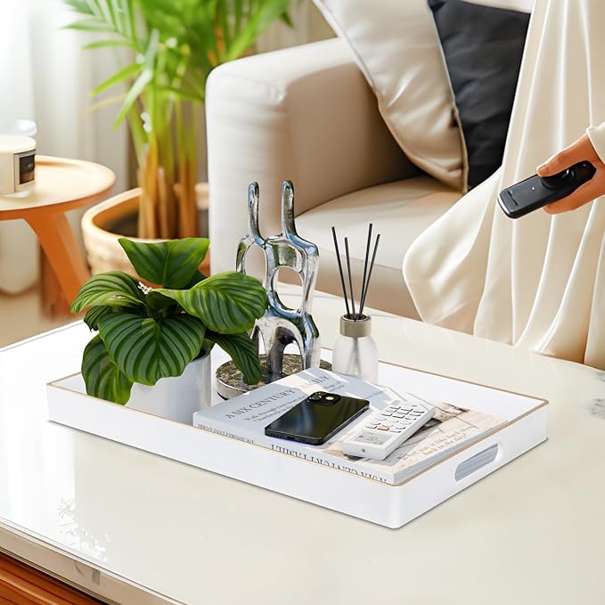 MAONAME White Decorative Tray for Coffee Table, Modern Serving Tray with Handles, Plastic Rectangular Tea Tray for Ottoman, Bathroom Decor, 15.8” X 10.2” x1.4