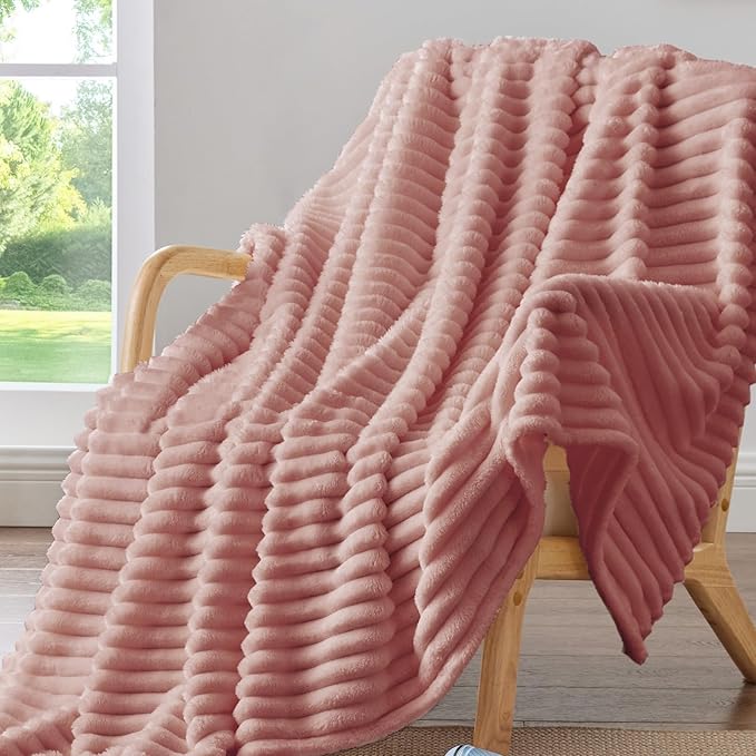 BEDELITE Fleece Throw Blanket for Couch - 300GSM Soft & Warm Fluffy Dusty Pink Blanket, Decorative and Giftable Striped Blankets for Women, Men, 50"x60"