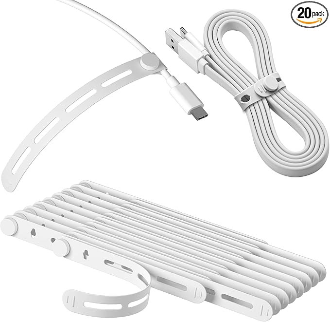 20Pcs Nearockle Silicone Cable Ties, 5.12 Inch Adjustable Cord Organizer Reusable Zip Ties for Charging Cords Earphone Computer Wire, Office Desk Cable Management Travel Accessories(White)