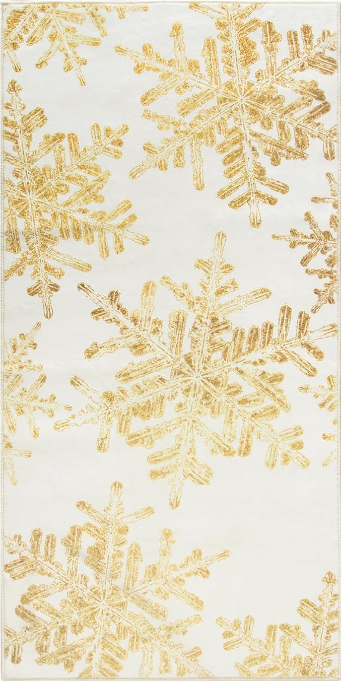 Lahome Snowflake Christmas Kitchen Rugs, 2x4 Christmas Entryway Rug Soft Non Slip Christmas Doormat Indoor, Small Rug Non-Slip Holiday Decor Washable Rugs for Bathroom Bedroom(2x4ft,Gold)