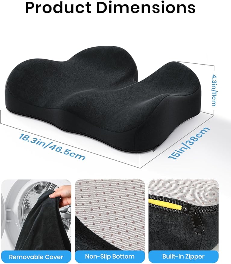 Benazcap Ergonomic Seat Cushion -Large Memory Foam Office Chair Cushion Seat Pad - Sciatica & Lower Back Pain Relief - Car Seat Cushions for Driving Seat Cushions