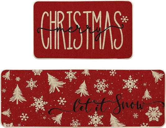 Artoid Mode Xmas Trees Snowflake Let It Snow Merry Christmas Kitchen Mats Set of 2, Winter Decor Low-Profile Kitchen Rugs - 17x29 and 17x47 Inch