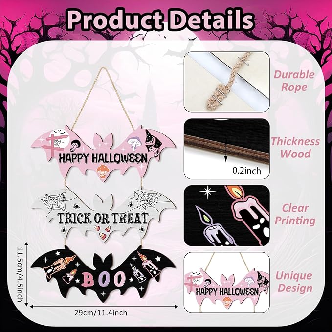 HPNIUB Halloween BOO Door Sign Decorations, Happy Halloween Welcome Hanging Wood Sign for Front Door, Wooden Bat Spider Wooden Plaque Ornaments for Home Wall Halloween Party Decor