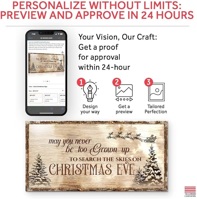 Tailored Canvases Christmas Sign Merry Christmas Sign Large Wall Decor for Indoor, Playroom, Fireplace, Living room and, Bedroom | May You Never Be Too Grown Up to Search the Skies on Christmas Eve.