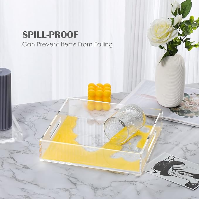 Home Decorative Coffee Table Tray, 10"x10" Elegant Acrylic Serving Trays with Handles Works for Eating, Breakfast, Makeup Drawer Organizer,Bathroom Vanity Table,Ottoman Tray, Clear