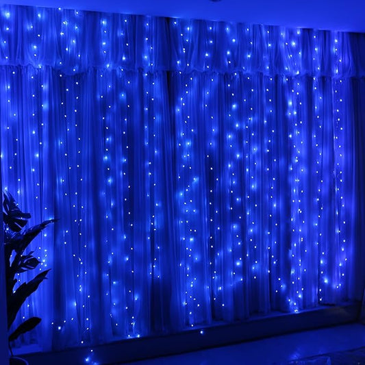 HXWEIYE 300LED Fairy Curtain Lights, 9.8x9.8Ft Blue USB Plug in 8 Modes Timer Christmas String Hanging Lights with Remote for Bedroom Backdrop Wedding Party Home Wall Garden Outdoor Indoor Decor
