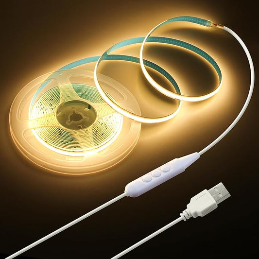 5V COB LED Strip Light for Bedroom 16.4FT USB LED Light Strip Warm White 3000K with Dimmer 320LEDs/M Flexible LED Tape Lights High Density Self -Adhesive for TV Mirror Cabinet DIY Indoor