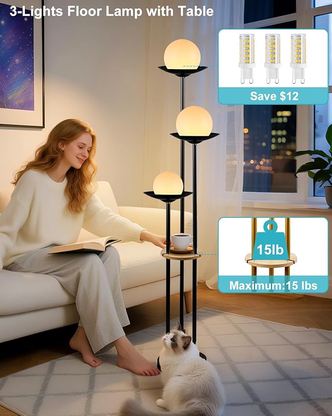 Lightdot 63IN Globe Floor Lamp with Shelf 3-Lights Modern Dimmable Floor Lamps with 3000K Soft Warm White Bulbs for Wedding/Party, Black Tall Standing Lamp for Living Room/Bedroom