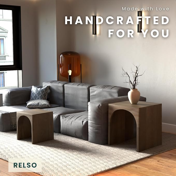 Relso Arch Duo Solid Mango Wood Nesting Tables for Living Room Set of 2 | Stylish Sustainable Design Side Tables | Pre-Assembled Unique Arched Cutouts | Mid Century Accent Table (Rustic Natural)