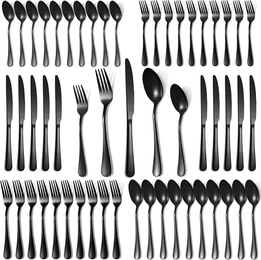Lazycorner 50 Pcs Black Silverware Set for 10, Mirror Polished Flatware Set Stainless Steel Fork Knife Spoon, Food Grade Eating Utensils Sets, Reusable Silverwear Cutlery Set, Dishwasher Safe