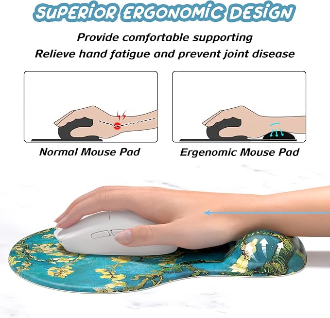 Hsurbtra Ergonomic Mouse Pad with Wrist Rest Support, Gel Mouse Pads with Non-Slip PU Base, Pain Relief Memory Foam Computer Mat, Cute Office Supplies Desk Decro Accessories, Blue