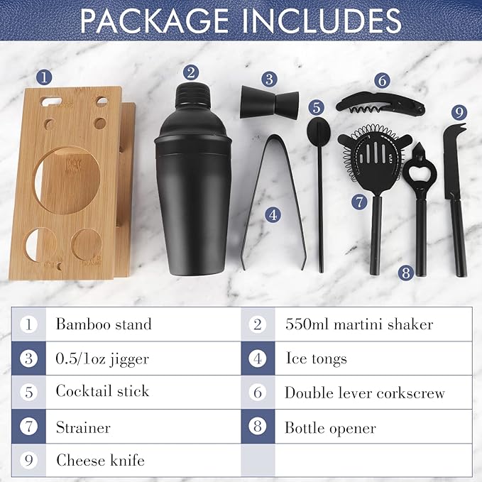 Cocktail Shaker Set Stainless Steel Bartending Kit 18.6oz Cocktail Bar Set Cocktail Mix Drink Making Kit Professional Bar and Home Drink Bar Tools for Bartender (Matte Black, 9Pcs)