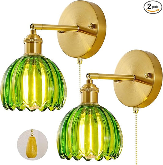 Vintage Wall Sconce 2 Pack, Green Glass Shade Gold Wall Lamp with 12 Inch Cable Switch, Modern Bathroom Wall Sconces Set of Two for Bedroom Corner Hallway