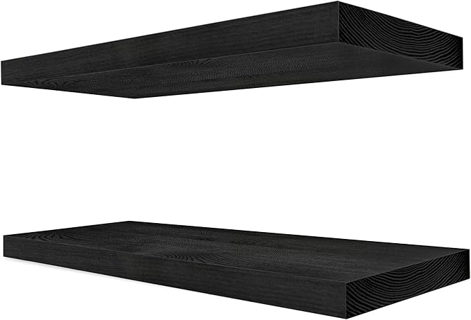 Sorbus Wood Floating Shelves for Wall - 24” Solid Wood Wall Shelves for Bathroom Decor, Books, Bedroom & Living Room - Set of 2 Black Wall Mounted Kitchen Shelves - Durable Solid Pine