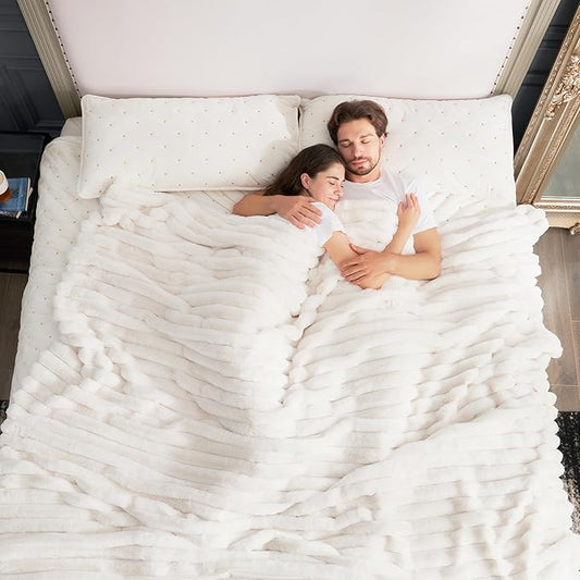 Cozy Bliss Faux Fur Throw Blanket for Couch, Cozy Warm Plush Striped Blanket for Sofa Bedroom Living Room, 90 * 90 Inches Cream White