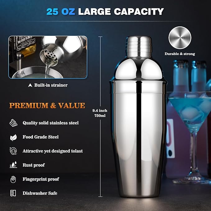 Cocktail Shaker Set Bartender Kit : 15-Piece Stainless Steel Bartender Kit with Acrylic Stand Bars Set with All Practical Bars Accessories, Bar Tools for Drink Mixing, Bar, Home, Lounge & Party