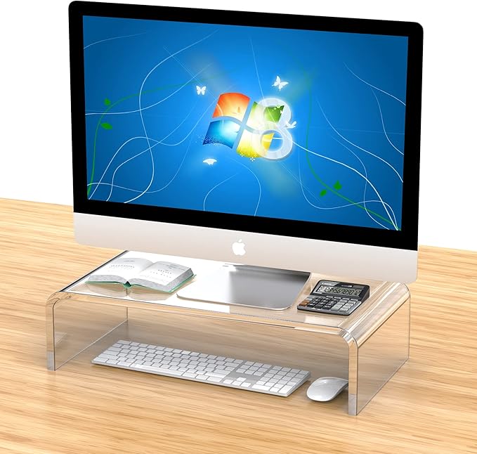 Acrylic Monitor Stand Riser Acrylic Laptop Stand for Desk Clear Computer Monitor Stand for Desk Accessories White Aesthetic Decorations for Office Home iMac Organizer
