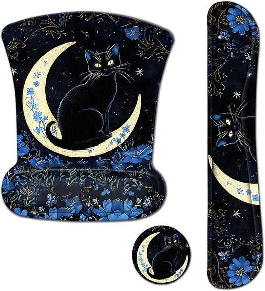 AIMSA Mouse Pad with Wrist Rest Set, Black Cat Wrist Support Mouse Pad Set, Ergonomic Mousepad with Anti-Slip Base, Memory Foam Keyboard Wrist Rest Cushion Pad