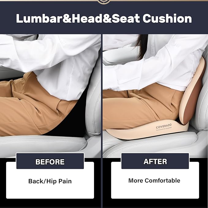 Coverado Car Seat Cushion and Lumbar Support with Headrest Pillow Memory Foam Ergonomic Back Support Driving Seat Cushion Neck Head Pillow, Back Pain Relief, Cushion for Car Driver Office