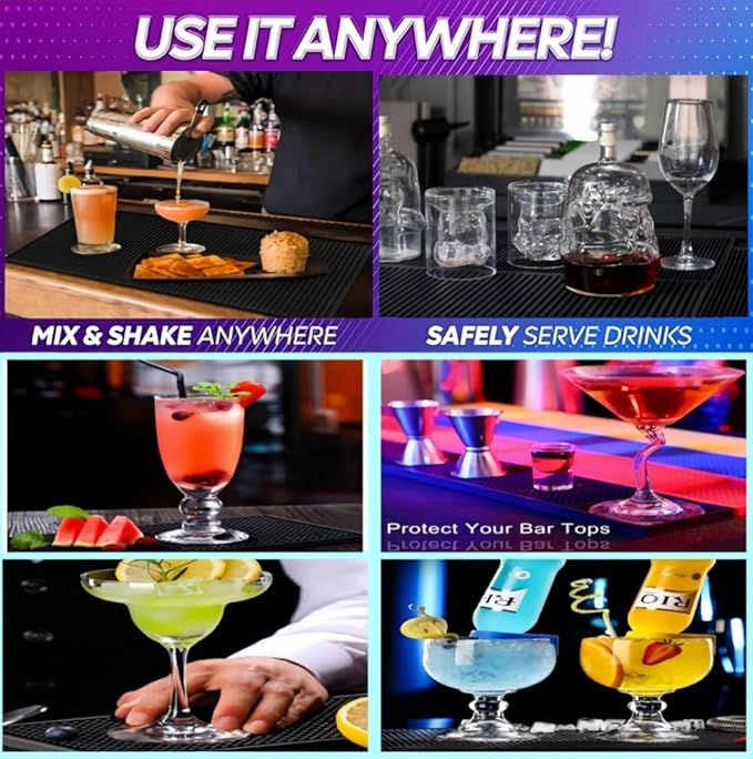 WANGCHAO Bar Mat Set - 8mm Thick Anti-Skid Non-Toxic Rubber Bar Mat for Home Bar, Countertop, Restaurants, Coffee Bar Mat - Premium Rubber Bar Service Spill Mat (3 pack) (2PCS12 "x 6" +12 "x 3")