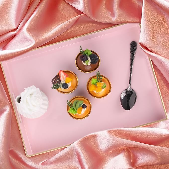 Sturdy Acrylic Serving Tray with Handles-15.7x11.8Inch, Morden Plastic Rectangular Serving Tray for Coffee Table Bathroom, Ottoman, Home Decor (Rectangular - Pink)