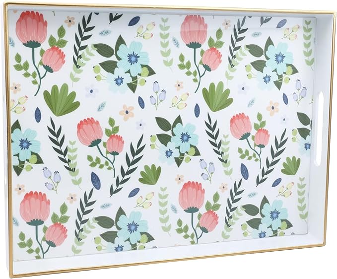 Rectangle Serving Tray with Handles, Coffee Table Tray for Ottoman, Organizer Vanity Tray for Living Room, Outdoor Tray for Patio Entertaining, Serving Breakfast Kitchen Platter LEE3040WH