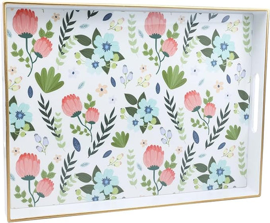 Rectangle Serving Tray with Handles, Coffee Table Tray for Ottoman, Organizer Vanity Tray for Living Room, Outdoor Tray for Patio Entertaining, Serving Breakfast Kitchen Platter LEE3040WH