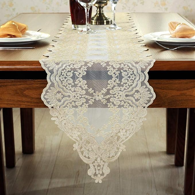 ARTABLE Rectangle Table Runner Lace Macrame Embroidered Table Runners with Exquisite Vintage Shabby Chic for Holiday Wedding Long Dinner Tables (Light Gold, 12 x 120 Inch)
