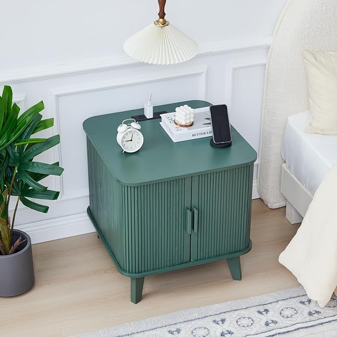 AVZEAR 24" Large Fluted End Table with Charging Station, Farmhouse Sofa Side Table with Sliding Tambour Door & Storage, Curved Rustic Wood Nightstand for Living Room, Bedroom, Green