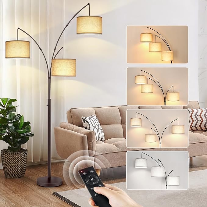 OUTON Floor Lamp with Remote Control, Modern Bright Lamps for Living Room, Adjustable 3-Light Tall Arched Lamp for Bedroom, Office, 2400lm Mid Century Design with Hanging Shade