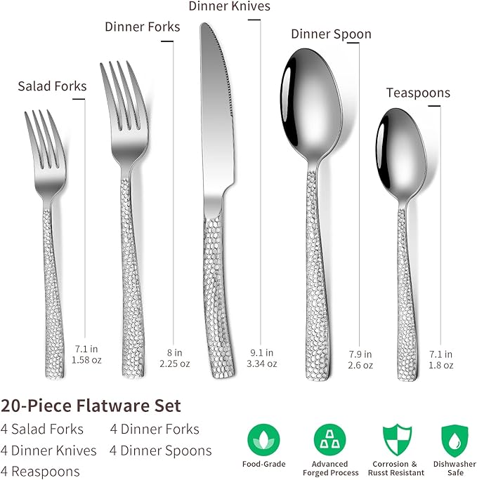 20-Piece Silverware Set, Silver Hammered Stainless Steel Flatware Sets for 4, Food-Grade Tableware Set, Including Fork Knife Spoon Set, Home Kitchen Cutlery Sets, Dishwasher Safe