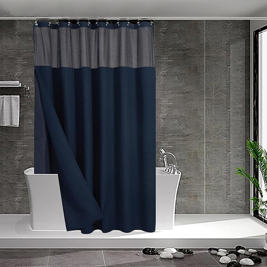 N&Y HOME Extra Long Waffle Weave Shower Curtain with Snap-in Fabric Liner Set, 12 Hooks Included - 71" x 84", Hotel Style, Mesh Top Window, Machine Washable & Water-Repellent - 71x84, Navy Blue
