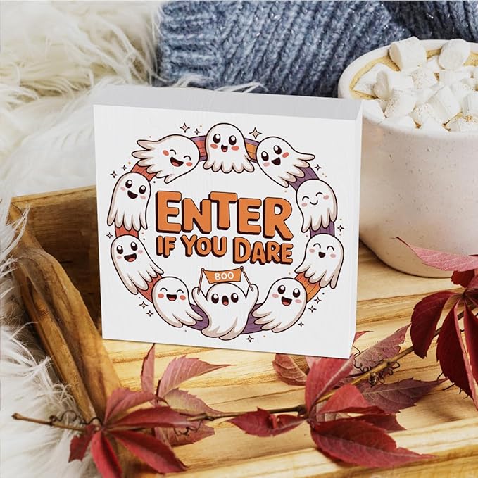 HTBIG Cute Ghost Halloweenwooden Box Decor Enter If You Dare Signs Office Decor Suitable family Computer Desk Dressing Table 5 x 5 Inch