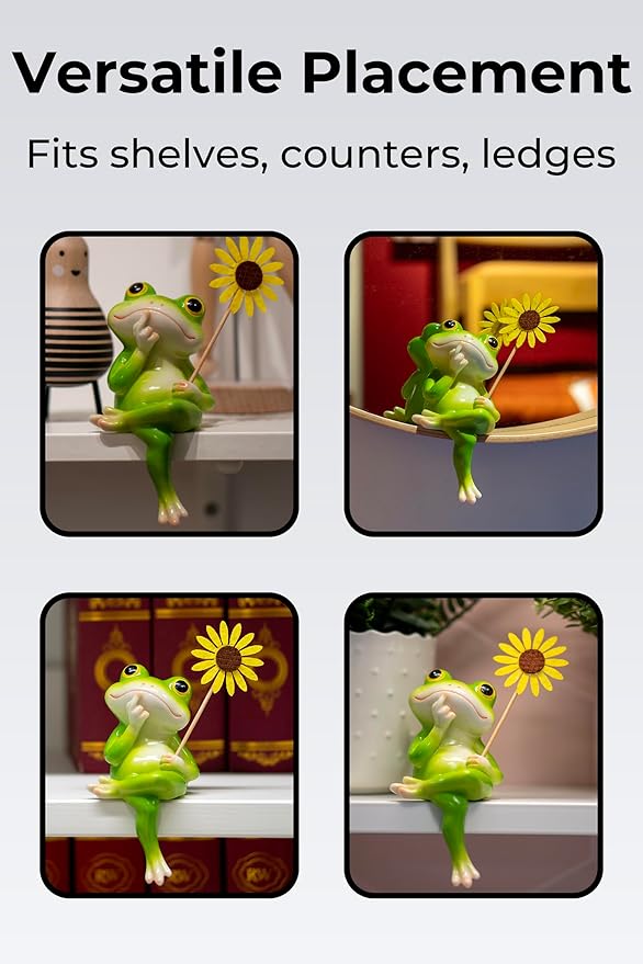 Frog Figurine, Whimsical Hand-Painted Resin Frog Statue with Flower and Flag, Shelf Decor for Living Room Desk Office, Charming Funny Frog Garden Decor, Frog Birthday Gift for Women