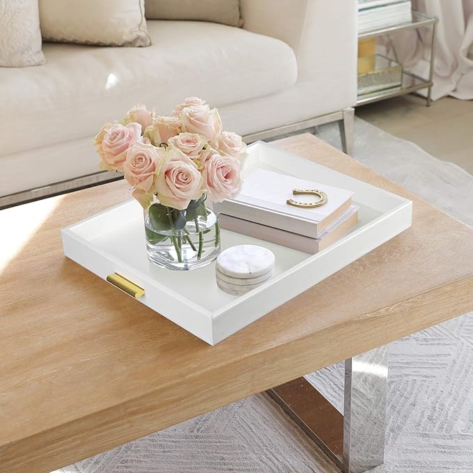 HofferRuffer Extra Large Serving Tray with Handles, Elegant Faux Leather Storage Decorative Tray for Coffee Table, Ottoman, Console Table (White Tray+Golden Handle)