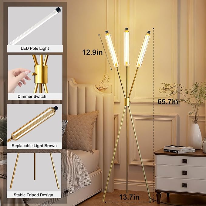 Lightdot LED Tripod Floor Lamps for Living Room, Stepless Dimmable(10-100% Brightness) Modern Standing Tall Lamp with 360° LED LampHead,Mid Century Industrial Floor Lamp for Bedroom-Gold