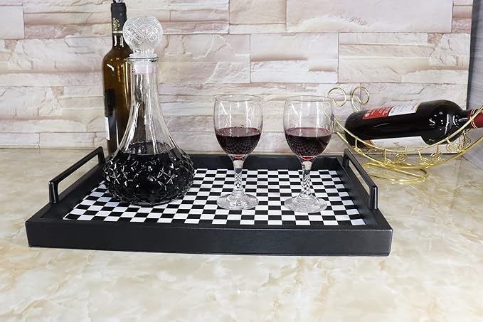 MCBZ Living Room Coffee Table Decorative Tray, Food Service Tray, Leather Ottoman Tray,with Metal Handles 16.5 x 12.6 in (Black and White Grid)