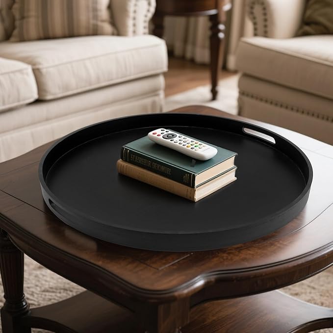 Round Decorative Tray, Extra Large Wooden Serving Tray with Handles, 11.8in Black Decorative Trays for Coffee Table,Kitchen Counter,bandejas decorativas