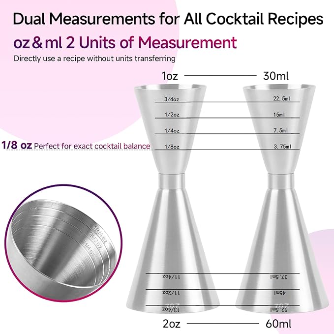 Lexenic oz/ml Dual Markings Jigger for Bartending, 304 Stainless Steel Heavy Duty Double Cocktail Jigger with 7 Measurements Inside, Professional Japanese Bar Tool for Bartender Home Bar Party