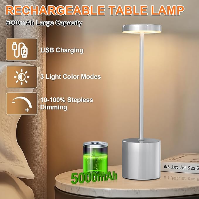 Cordless Table Lamp – 2 Pack Rechargeable Table Lamps, 5000mAh Battery Operated Lamp with 3-Color Dimmable Light, Outdoor Table Lamp for Bedroom, Restaurant, Patio, Home Décor (Silver)