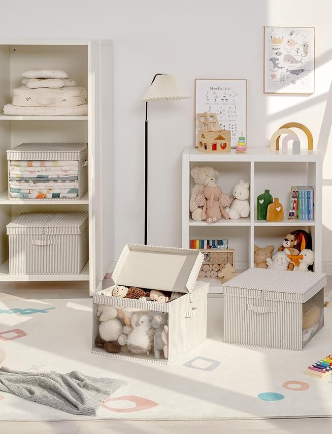 StorageWorks Storage Bins with Lid and Clear Window, Fabric Storage Boxes with Lids, Stackable Basket for Shelves, Closet Organizer and Storage Bins, Khaki and Beige Stripes, Jumbo, 4-Pack