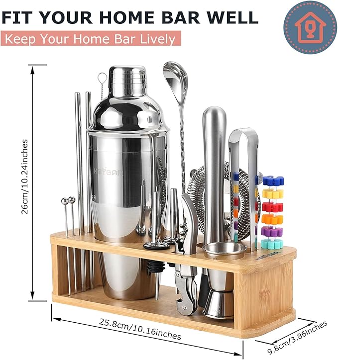 HMYBAR® 22-pc Cocktail Shaker Set(24oz/700ml) | Mixology Bartender Kit | Bar Tool Set | Martini Making Set with 39-Recipe Cocktail Cards & Kit's Deco, Bamboo Stand Natural Color, Silver Tools
